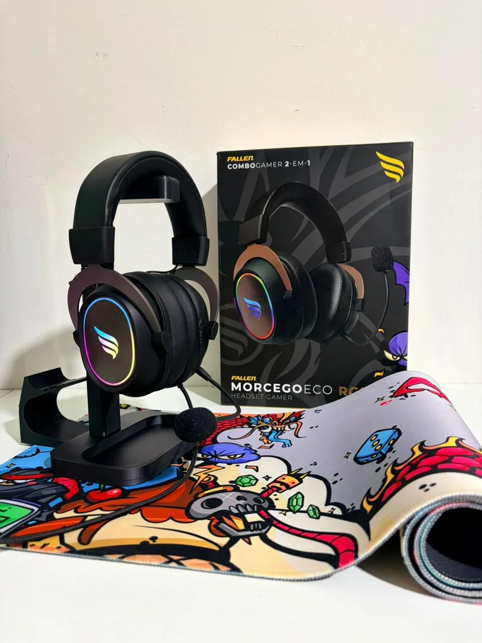 Kit Fallen Headset Morcego Eco RGB + Mousepad ACE ECO 90 x 30